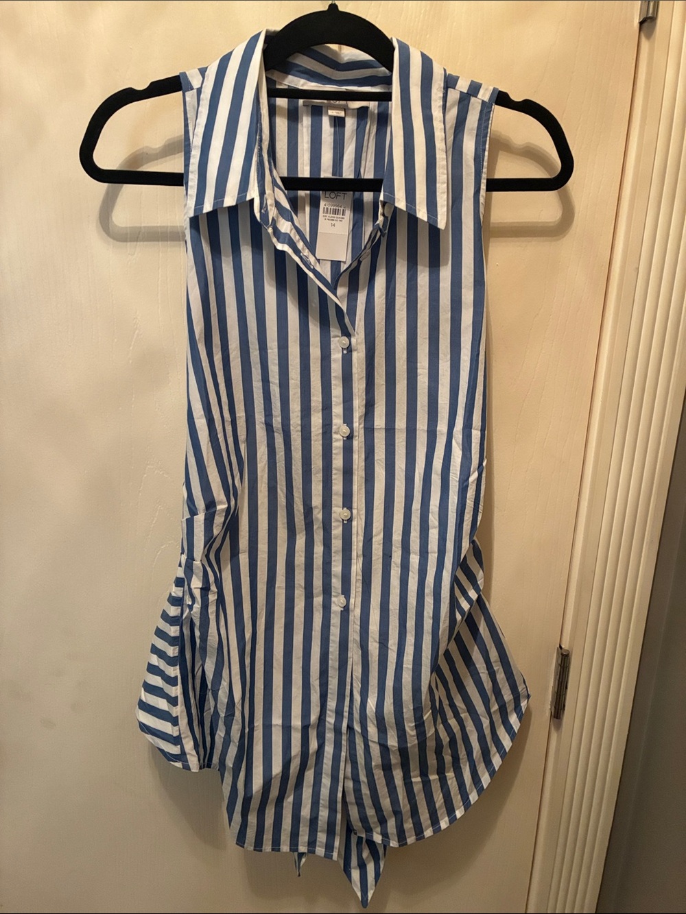 LOFT Blue and White Vertical Stripe Sleeveless Button-Down Shirt
